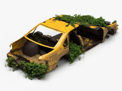 4K realistic low poly abandoned car recycle bin and rock Low-poly 3D model