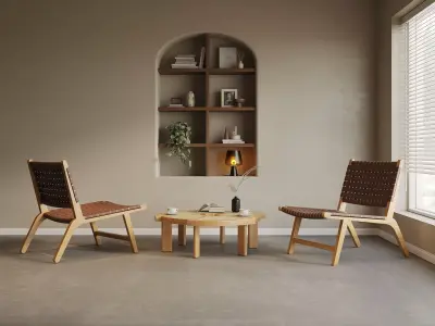 Japandi Reading Corner with Woven Lounge Chairs 3D model