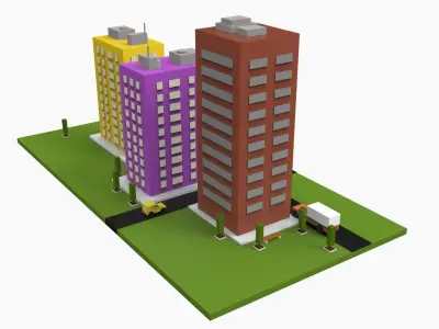 Simple Poly City - 3 Building Terrian Low-poly 3D model