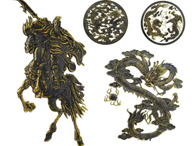 4 Warrior and Dragon Ornaments Pack 1