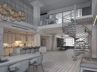 Modern Living Room With Bookcase 3D model