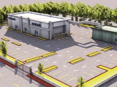 Logistics Warehouse Storage Building Units and Car Park  Low-poly 3D model