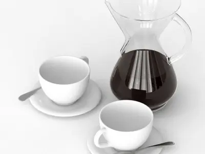 Chemex and Coffee Cups - Pour over Coffee 3D model