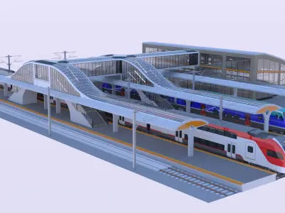 Station with doubledeck trains 3D model