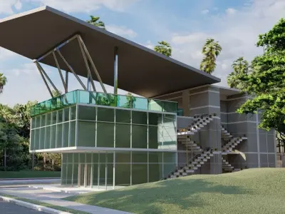 Building modern glass house in woods 3D model