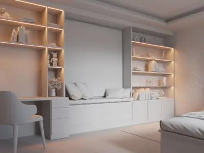Bookshelf - desk - seating area interior scene 3D model