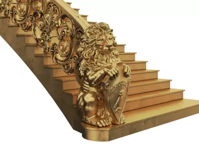 Lion Ladder wood Classic frame of luxurious gold 3D model