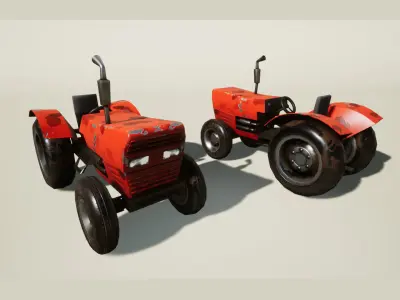 Farm tractor and trailer Low-poly 3D model