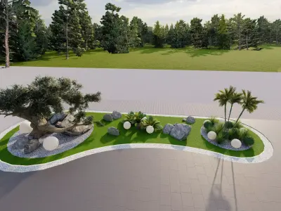 Stylish 3D Office Entrance with Modern Landscape and Decorative  Low-poly 3D model