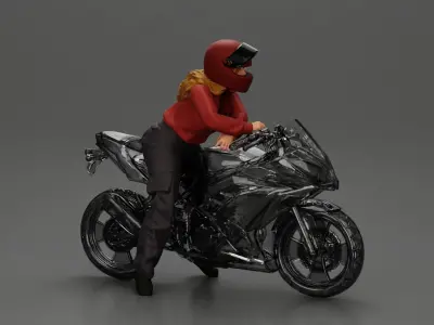 motorcyclist woman in helmet and hoodie sitting on motorcycle 3D print model