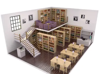 Library with bookshelves and stairs Low-poly 3D model