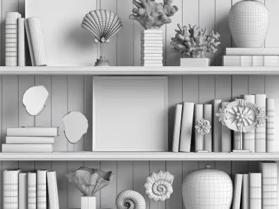 Decor Set 7 shelf with seashells and books 3D model