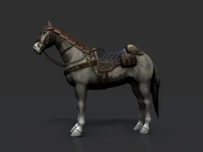 Horse with saddle armor and backpack Low-poly 3D model