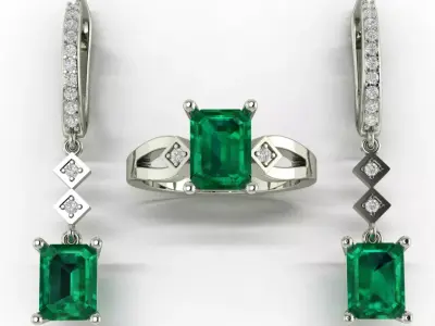 Emerald center engagement ring with earrings 3D print model