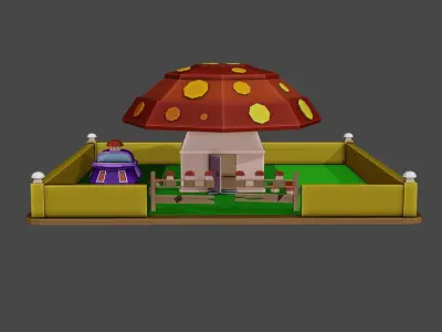 Cube mushroom future house with floating car  Free low-poly 3D model