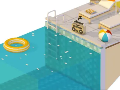 isometric Relax pool on the sun loungers Low-poly 3D model