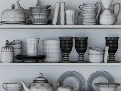 Set-143 tea cups and saucers on shelf 3D model