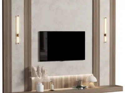 TVWALL025 tv stand with shelves and lights 3D model