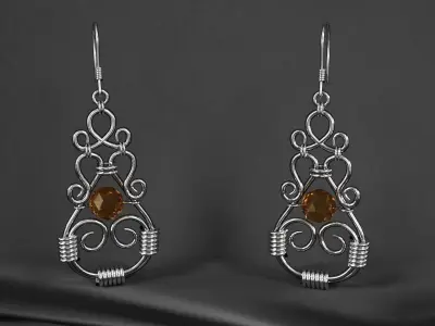 earrings silver with citrine gemstones 3D model