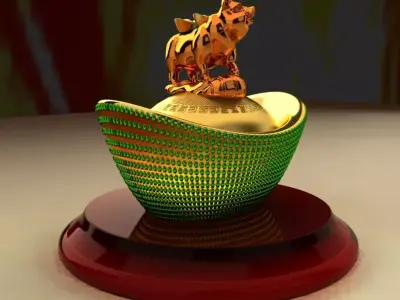 Chinese Gold Ingot with Golden Pig 3D model