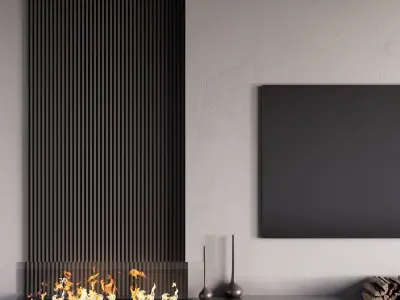 Decorated TV wall with fireplace - 5 3D model