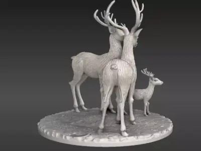 Winter Deer Family 3D Model Christmas Print-Ready Low-poly 3D model