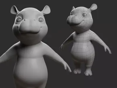 Cartoon Hippo II Basemesh  Low-poly 3D model