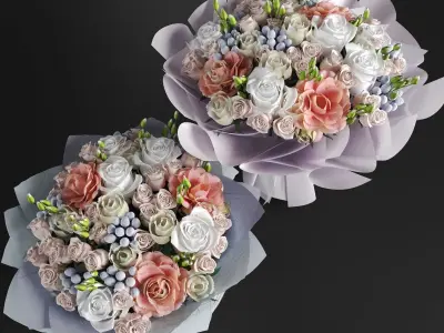Two Bouquet of the flowers in white orange pink and blue colors 3D model