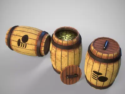 Stylized gameready barrel with golden coins Low-poly 3D model