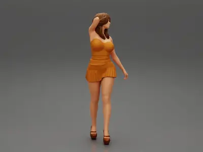 fashion girl walking with hand in hair in mini dress 3D print model