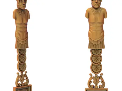 3D model column two wooden statues of man and woman 3D model