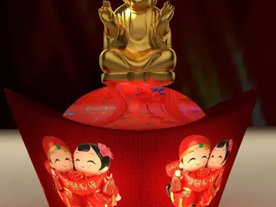 Chinese gold ingot lantern witn monk kid 3D model