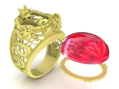 Luxury Asian Dragon Ring with Red Cabochon Gemstone  3871 3D print model
