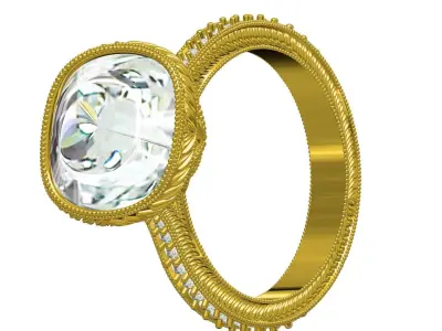 Cushion Cut Single Diamond Art Deco Ring 3D print model