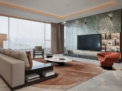 Modern luxury living and dining room interior 3D model purchase