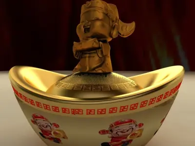Chinese gold ingot with god of weathy 3D model