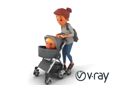 Cartoon Woman and Baby with Stroller Model Pack Low-poly 3D model
