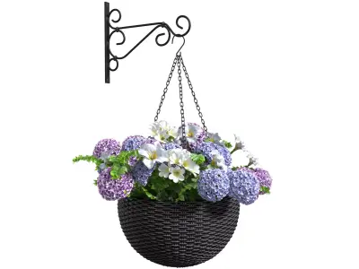 Hanging basket flowerpot rattan pot with flowers 3D model