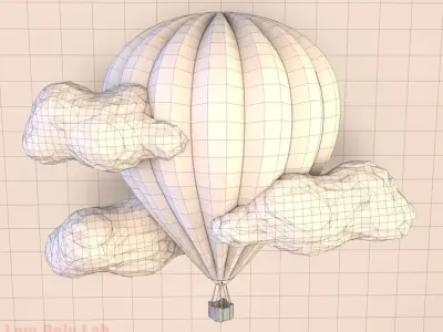 Low poly balloon hot air with clouds in sky 3D model