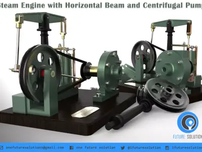 Steam Engine with Horizontal Beam and Centrifugal Pump Free 3D model