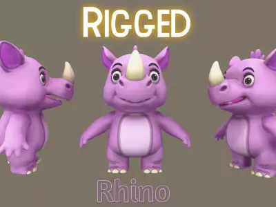 Rigged Pink Cute Playful Rhino Low-poly 3D model