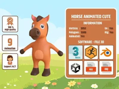 High-Quality 3D Cute Horse - Animated for Games Low-poly 3D model