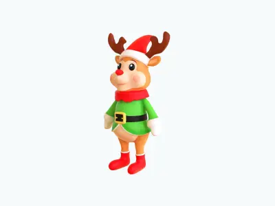 3D Cartoon Reindeer Christmas Character in Festive Attire Low-poly 3D model