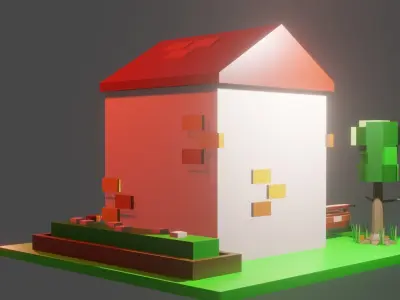 Simple but powerful low poly cube house with car Low-poly 3D model
