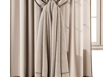 Herringbone Linen Curtain Set with Roman Blind and Sheer Layer 3D model