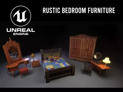 Unreal Engine 5 - Rustic bedroom furniture Low-poly 3D model