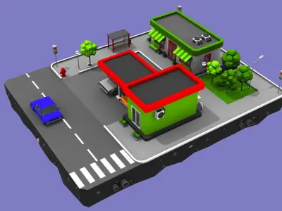 Gas Station from Cartoon Low Poly City Low-poly 3D model