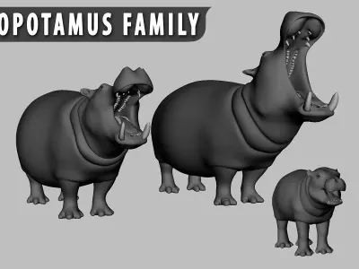 Hippopotamus Family Low-poly 3D model