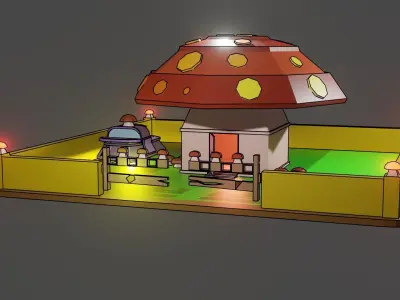 Cube mushroom future house with floating car  Free low-poly 3D model