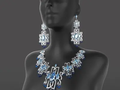 jwellery gold necklace and earrings set on mannequin 3D model